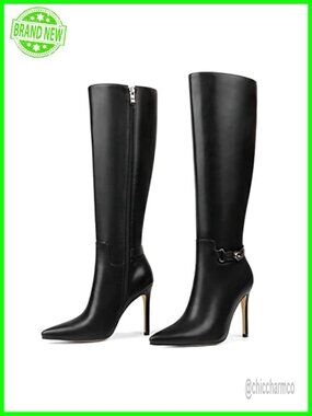 Knee High Boots Pointed Toe Stiletto Buckle Slouch Tall Boots Side Zipper Metal